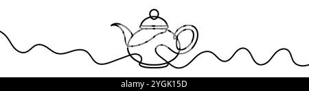 Continuous line drawing of teapot with wavy base and lid Stock Vector