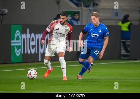 Fußball UEFA Europa League, Saison 2024/25, 4. Spieltag: TSG Hoffenheim gegen Olympique Lyon. Bild: Said Benrahma (17, Lyon) und Alexander Prass (22, Stock Photo
