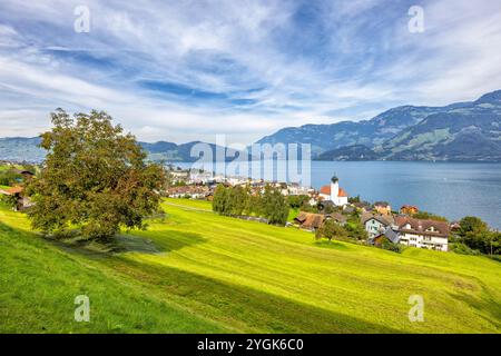 View of the village of Beckenried on Lake Lucerne in Switzerland Stock Photo