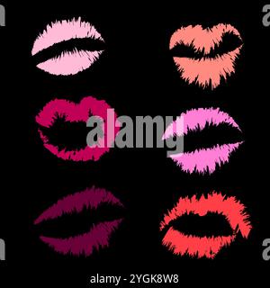 Colorful lip prints. Multicolor kiss marks. Love symbol on black. Vector illustration. Stock Vector