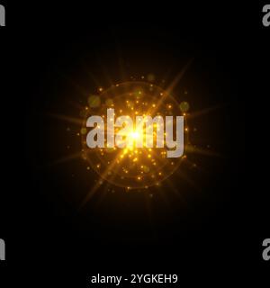 Golden magic flare light effect, glowing colorful star burst with shimmering sparkles with radiant beams. Stock Vector