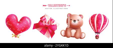 Valentine's elements vector set design. Valentine's day love sign elements like heart  balloon, gift box, teddy bear, hot air balloon decoration Stock Vector