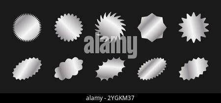 Starburst price. Round and oval sunburst labels and buttons. Simple metallic icons for promotion design. Vector illustration. Silver icons on black Stock Vector