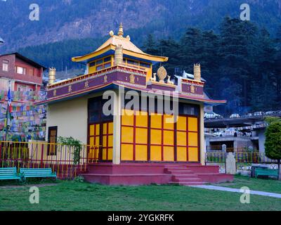 A structure part of the Nyinmapa Tibetan Buddhist Monastery off Mall Road in Manali. Location : Manali, Himachal Pradesh, India. Date: April 03 2024 : Stock Photo