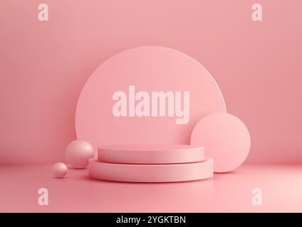 A minimalist pink scene 3D cylindrical podium surrounded by geometric shapes and spheres, product display and modern mockups. artistic and elegant bra Stock Vector