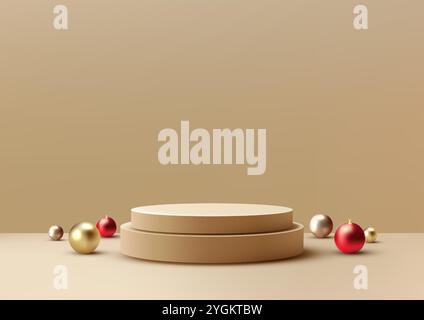 Christmas display with 3D beige podium and scattered festive ornaments set against beige background. Holiday product displays, seasonal mockups, and s Stock Vector