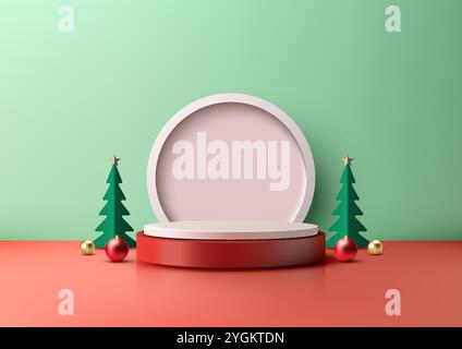 A festive vibe with Christmas scene 3D red and white podium, two Christmas trees, and ornaments set against a mint green wall, product display and sea Stock Vector