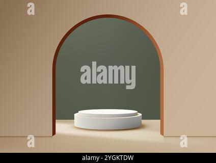 Minimalist 3D scene featuring 3D white circular podium set against a green backdrop framed by a warm arched doorway, mockups and elegant showroom disp Stock Vector