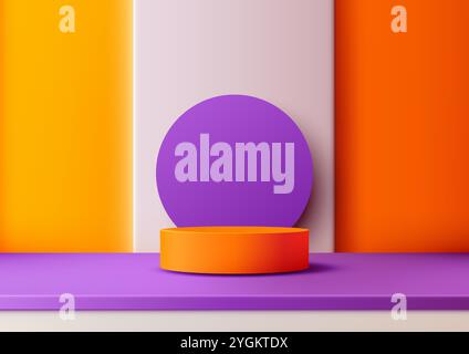 Vibrant 3D orange pedestal sits on a purple surface with a colorful striped background, mockup scene. product displays, showcases, and modern branding Stock Vector
