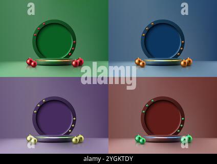 3D of Christmas festive podium on background with a circle backdrop and balls ornament. Perfect for product display, mockups, showrooms, and showcases Stock Vector