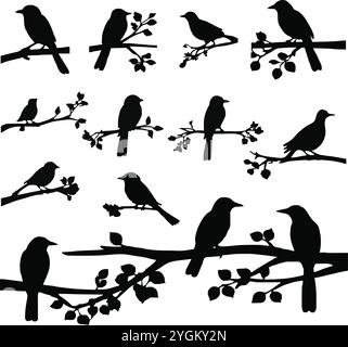Collection Of Birds on branch silhouette Stock Vector