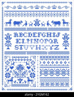 Retro ross stitch vector seamless patterns collection with alphabet, flowers and animals - pixelated ornament inspired by German and Austrian folk art Stock Vector