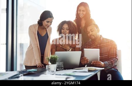Meeting, documents and business people on laptop and tablet for planning, teamwork and collaboration. Discussion, startup and people on technology for Stock Photo