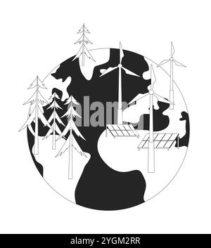 Renewable power generation on planet earth black and white 2D line object Stock Vector