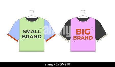 Small branded and big brand tshirts on hangers 2D cartoon objects set Stock Vector