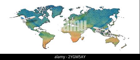World map and airplane in watercolor style. Watercolor wallpaper painting illustration on white background, abstract texture. Stock Photo