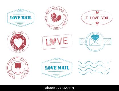 Set Love stamp, romantic mail, postage. Retro Valentine, wedding grunge print. Textured post card decoration. Heart stamp. Vector illustration Stock Vector