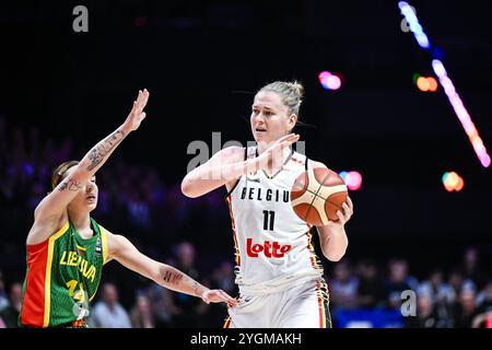 Antwerp, Belgium. 07th Nov, 2024. Lithuania's Dalia Donskichyte and Belgium's Emma Meesseman pictured in action during a basketball game between Belgian national team the Belgian Cats and Lithuania, a qualification game (3/6) for the 2025 Eurobasket tournament, on Thursday 07 November 2024 in Antwerp, Belgium. BELGA PHOTO TOM GOYVAERTS Credit: Belga News Agency/Alamy Live News Stock Photo