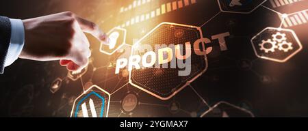 Business hand pushing product quality on virtual screen interface. Stock Photo