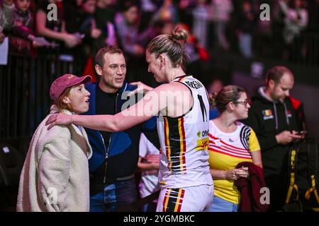 Antwerp, Belgium. 07th Nov, 2024. Linde Merckpoel and Belgium's Emma Meesseman pictured after a basketball game between Belgian national team the Belgian Cats and Lithuania, a qualification game (3/6) for the 2025 Eurobasket tournament, on Thursday 07 November 2024 in Antwerp, Belgium. BELGA PHOTO TOM GOYVAERTS Credit: Belga News Agency/Alamy Live News Stock Photo