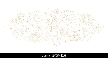 Fireworks festive explosion golden bursts, sparks in doodle style seamless pattern border. Holiday celebration decoration. . Vector illustration Stock Vector