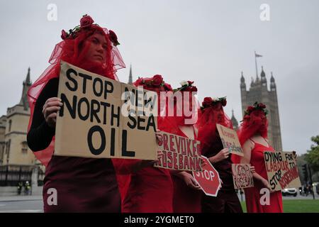 London, England, UK. 8th Nov, 2024. Fossil Free London activists stage a die-in outside the Houses of Parliament to protest the government's approval of the Rosebank oil field. The demonstration calls for an immediate halt to the project, which activists argue undermines the UK's climate commitments. The decision is set to be legally challenged by Uplift and Greenpeace, with court proceedings beginning on 12 November. The protest highlights growing public opposition to new fossil fuel developments. (Credit Image: © Joao Daniel Pereira/ZUMA Press Wire) EDITORIAL USAGE ONLY! N Stock Photo