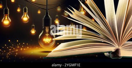 An open book lies on a dark surface, surrounded by glowing light bulbs. This image evokes creativity, inspiration, and the power of knowledge and idea Stock Photo