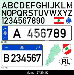 Lebanon car license plate, letters, numbers and symbols, vector illustration, middle east Stock Vector