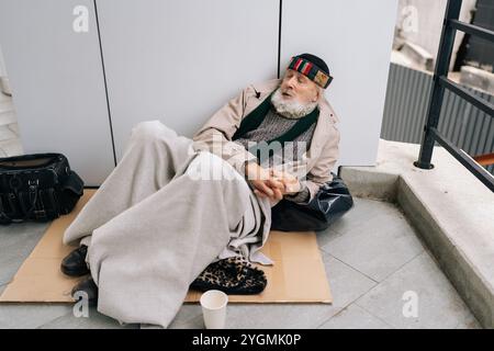 Tired elderly homeless man with long white beard sitting lying on sidewalk with belongings, holding cup and seeking assistance. Stock Photo