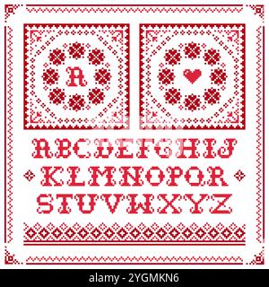 Cross stitch vector seamless pattern set with single alphabet letters design - Non AI generated Stock Vector
