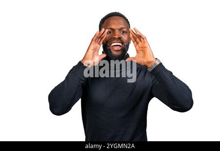 Enthusiastic man shouting and sharing exciting news with hands cupped around mouth Stock Photo