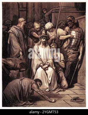 The Crown of Thorns. They gave Jesus a crown of thorns to mock him because Jesus spoke openly to Pilate that he was a king (John 19,5) New Testament. Antique digitally colored Biblical illustration by Gustave Doré (1832-1883) Stock Photo