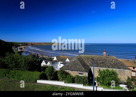 View over the Filey Brigg peninsular, Filey town, North Yorkshire, England, UK Stock Photo