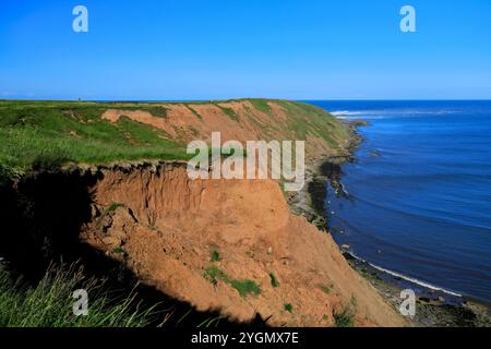 View over the Filey Brigg peninsular, Filey town, North Yorkshire, England, UK Stock Photo