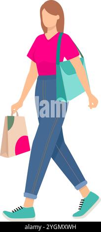 Clip art of a woman walking and carrying a colorful paper bag, consumerism concept. vector illustration Stock Vector