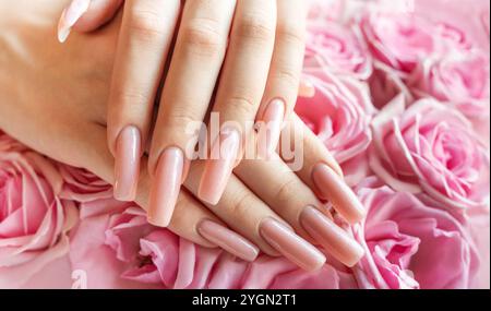 Delicate hands showcase beautifully manicured long nails, complemented by lush pink roses creating a serene and elegant atmosphere. Stock Photo