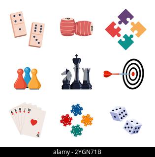 Board games. Games different types set. Domino, chess, puzzle, lotto, cards. Leisure, meetings friendly or weekend game collection Vector illustration Stock Vector