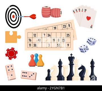 Board games. Games different types set. Domino, chess, puzzle, lotto, cards. Leisure, meetings friendly or weekend game collection Vector illustration Stock Vector