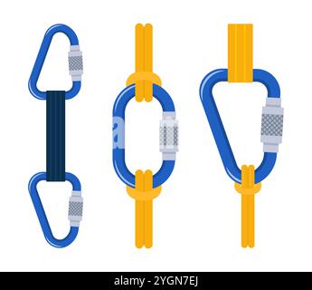 Climbers carbine set. Carabiner clip spring hook safety supply for climbing. Sport lock protection alpinist rope rock, mountaineering hiking steel too Stock Vector