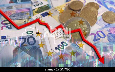 Fall of the euro on financial graph. Financial fall of the euro Stock Photo