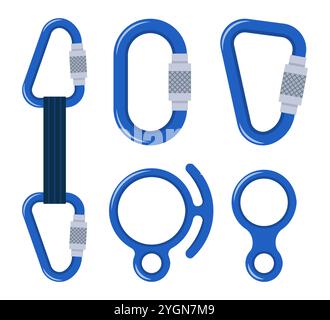 Climbers carbine set. Carabiner clip spring hook safety supply for climbing. Sport lock protection alpinist rope rock, mountaineering hiking steel too Stock Vector