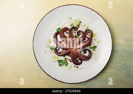 Boiled octopus, close-up, rustic style, no people, top view, close-up Stock Photo