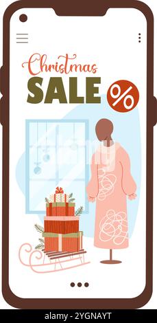 Christmas Sale. Online Shopping. New Year Shop in phone. Holiday female mannequin in pink dress and sleigh with gift boxes near window. Vector illustr Stock Vector