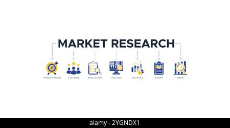 Market research banner web icon vector illustration concept with icons of target markets, customer, evaluation, analysis, statistics, survey and trend Stock Vector