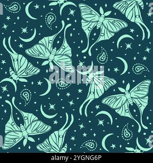 Monochrome seamless pattern with celestial luna moth and paisley motif Stock Vector