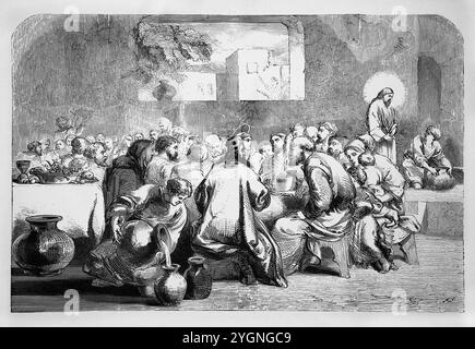 Illustration on The Marriage Feast  in Cana of Galilee Where Jesus performed his first Miracle turning Water in to Wine in 1887 Edition of The Life of Stock Photo