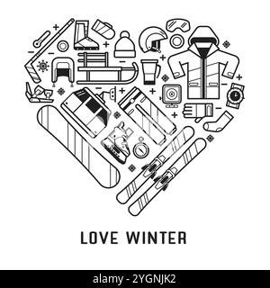 Love Winter Sports Card or Print in Line Art Stock Vector