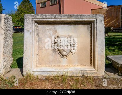 Ancient Roman and Greek sarcophagus discovered during the excavations of the ancient city of Aphrodisias in Turkey. The city was dedicated to the godd Stock Photo