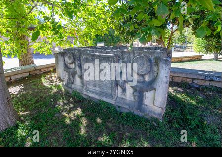 Ancient Roman and Greek sarcophagus discovered during the excavations of the ancient city of Aphrodisias in Turkey. The city was dedicated to the godd Stock Photo