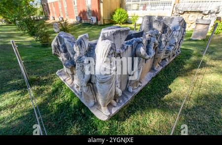 Ancient Roman and Greek sarcophagus discovered during the excavations of the ancient city of Aphrodisias in Turkey. Stock Photo